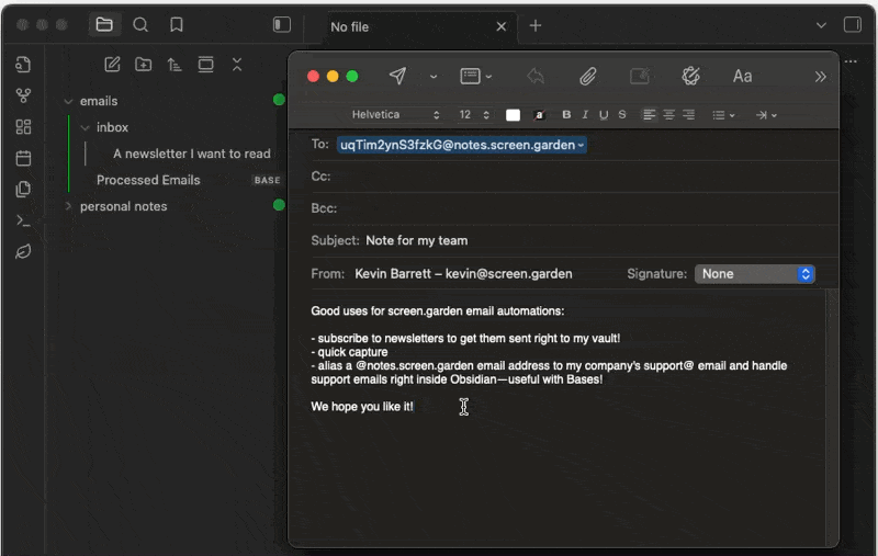 A demo of emailing into an Obsidian vault with screen.garden